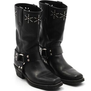 Frye Harness Boots Women's 8.5 M Black Leather, Flower Studs, Square Toe.